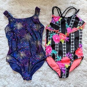 2 girls size 7-8 one piece swimsuits- navy blue 4th of July fireworks print